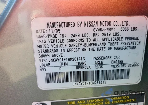 2006 Infiniti M35 Base z USA, uszkodzony, nr VIN JNKAY01F16M261413